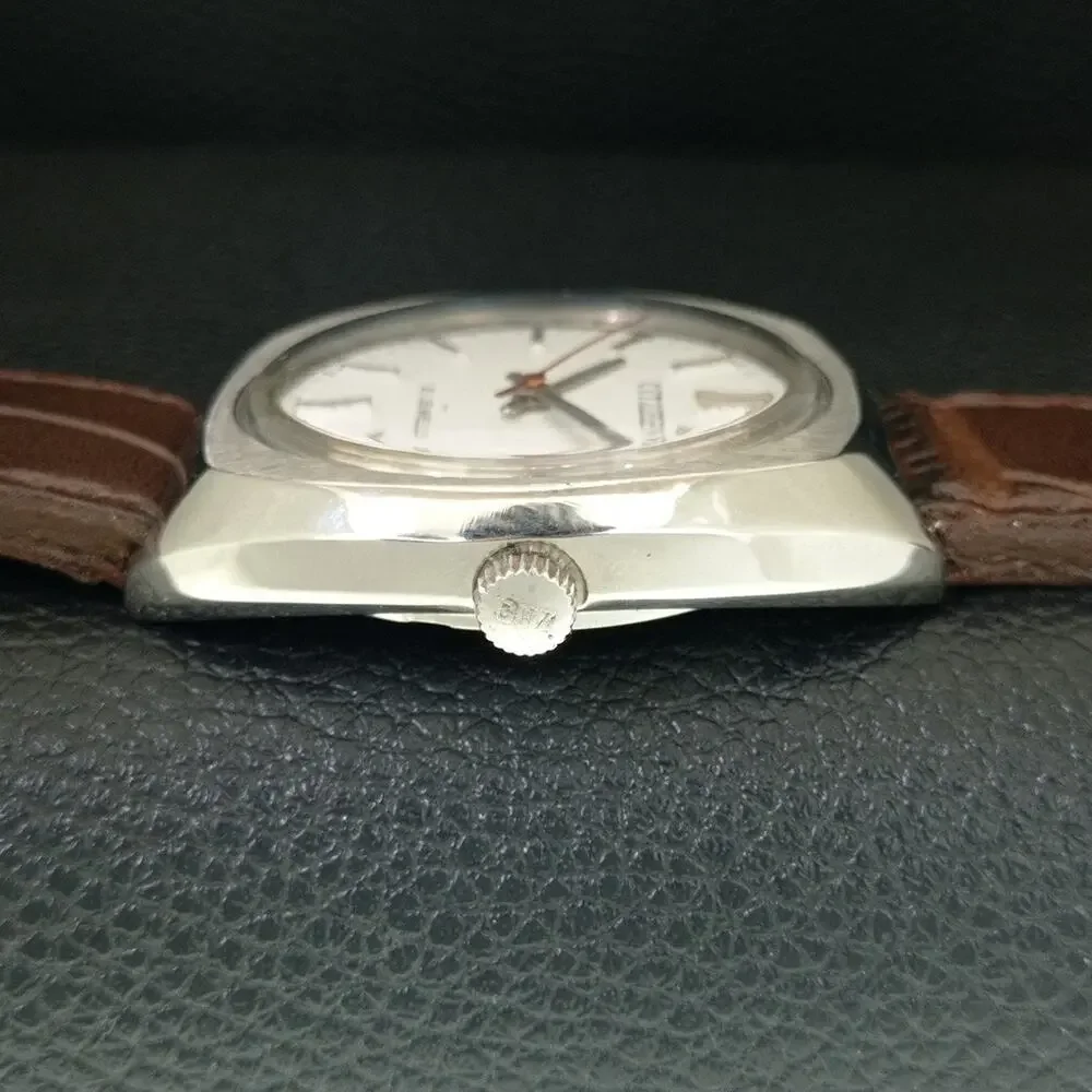 Vintage 1980 Citizen Manual Wound Mens Silver Watch W/Date & White accents